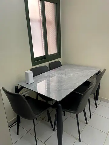 Modern 5-Seater Dining Set | Grey Marble Top  Black Leather Chairs