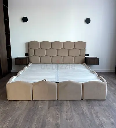 My beige upholstered bed frame with hexagon headboard - good condition