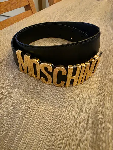 Moschino Black Leather Logo Belt with Gold Buckle