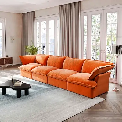 Orange velvet 4 seater comfortable sofa