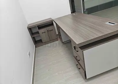 My L-shaped Office Desk with Filing Drawers and Side Cabinet -
