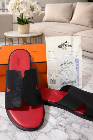 Hermès Oran-style Slide Sandals - Black Leather with Red Insole, includes box  receipt