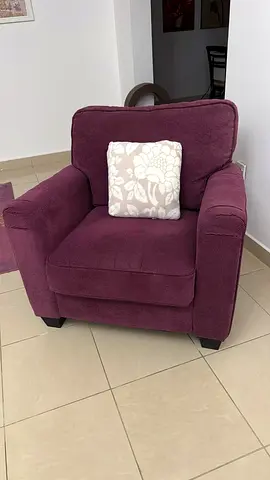 Plum upholstered armchair - comfortable single chair, good condition - Home r us -(2 are available)