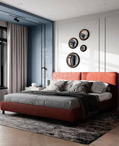 Upholstered King Size platform bed with coral fabric headboard