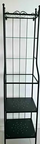 Black metal tall shelving unit - 3-tier with glass top, good condition