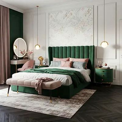 Green King Size bed frame with tall channel headboard