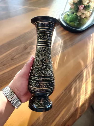 Antique Rare Vintage Brass Vase Detailed Peacock  Floral Engraving, Black Etched Finish