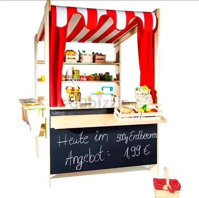My wooden market stall playset with chalkboard — kids pretend shop