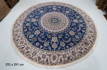 Afghan round handmade Medallion Rug - 292 x 291 cm (Blue/Ivory)