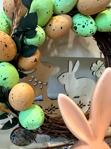 Easter Spring Wreath with Pastel Speckled Eggs and Bunny Accent
