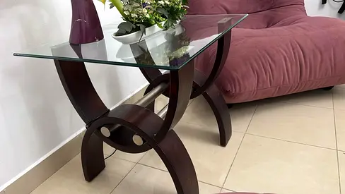Glass-top side table with dark curved wooden base - Home Center (2 are available)