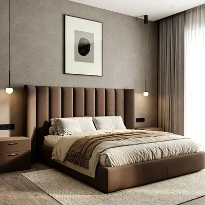 Upholstered king bed with tall channel headboard (brown)