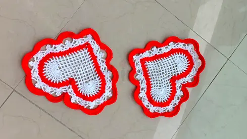 Set of 2 handmade red  white crochet heart mats