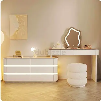 White Modern Dressing Table  Dresser Set with LED Mirror and Pouf