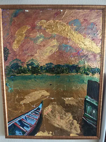 Framed original mixed-media boat painting with gold leaf