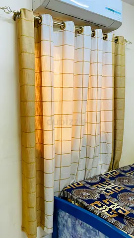 Pair of beige  white checked eyelet curtains - light-filtering