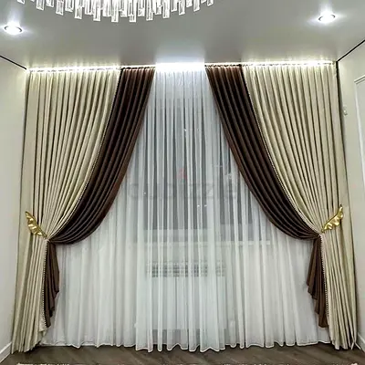 Cream and Brown Layered Curtains with Sheer Panels