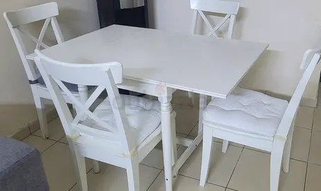 White Wooden 4-Seater Dining Set (Table + 4 Cushioned Chairs)