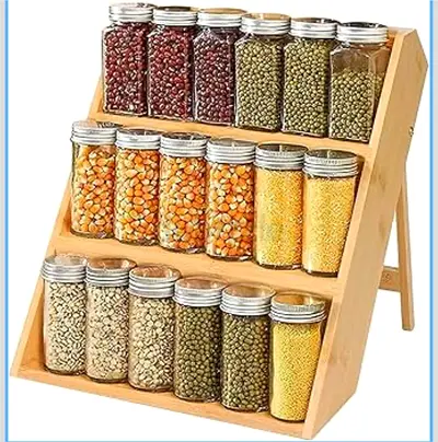 3-Tier Wooden Spice  Pantry Rack with 15 Glass Jars