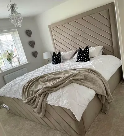 Headboard Designe king size fully customisable bedframe in soft Fabric Storage can be installed