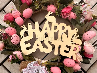 Easter Wreath with Wooden Happy Easter Sign - Pink Floral  Egg Decor
