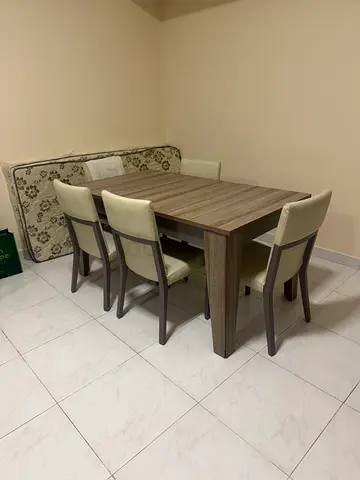 Wooden Dining Table with 6 Cream Upholstered Chairs