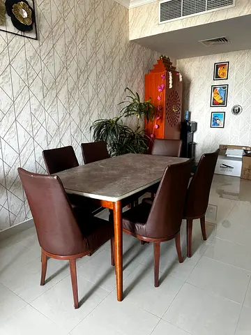 Urgent Sale - Dining table set with 6 brown leather chairs