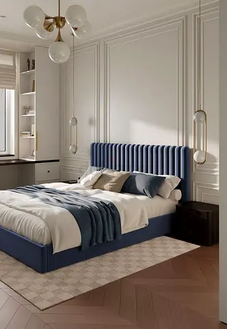 Upholstered Queen Size Bed Frame with Vertical Channel Headboard - Blue
