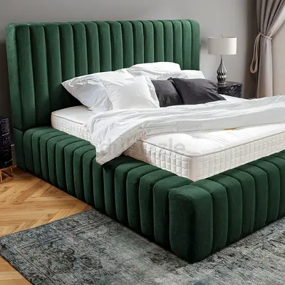 green Queen Size velvet channel-tufted platform bed frame