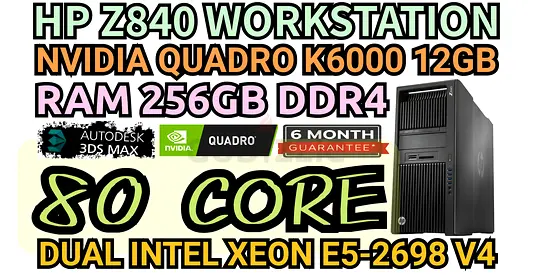 HP Z840 WORKSTATION NVIDIA QUADRO K6000 12GB DDR5 RAM 256GB DDR4 80 CORE DUAL INTEL XEON E5-2698 V4