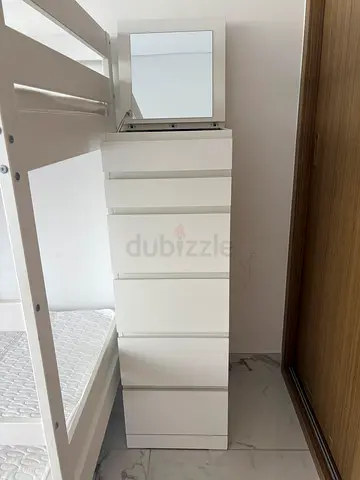 White tall dresser (chest of drawers) with mirror - new condition