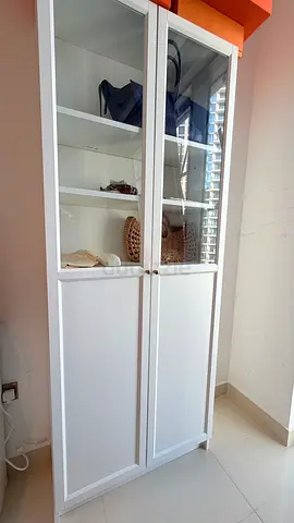Ikea Billy Oxberg White glass-door cabinet with shelves (good condition) and gold knobs