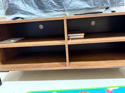 TV Entertainment Unit - Oak Finish with 4 Open Shelves  Cable Management