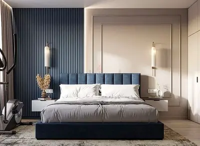 Dark blue upholstered bed with padded headboard (Queen)