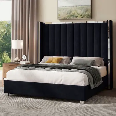 My king-size black upholstered bed frame with tall channel headboard
