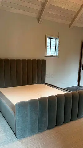 Grey velvet channel-tufted bed frame