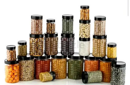 24 pieces Plastic kitchen storage jars with black lids - assorted sizes