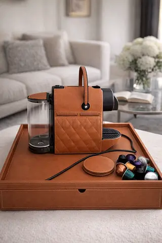 My Nespresso-compatible capsule espresso machine with brown leather cover