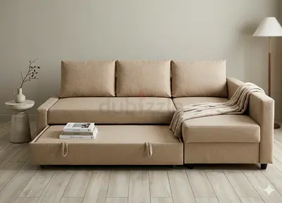 Beige L-shaped sectional sofa bed with storage