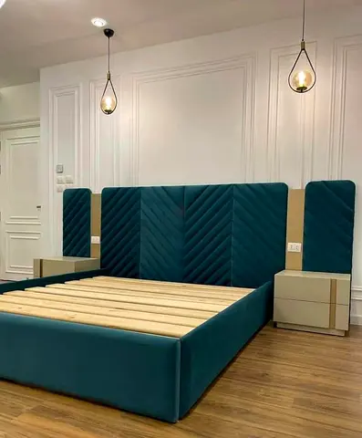 King Size Teal Upholstered Platform Bed For Sale