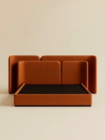 Upholstered modern platform bed with high headboard (rust orange)