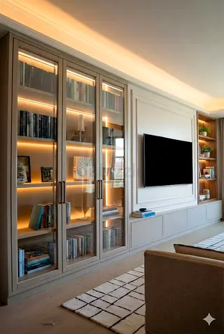Built-in Entertainment Unit with Glass Bookcase