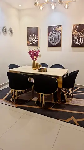 6-seater dining set — marble top table with black velvet chairs