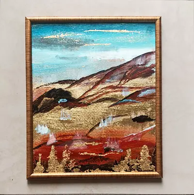 Framed Original Abstract Landscape Painting with Gold Leaf Accents