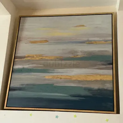 Large Framed Abstract Wall Art - Blue  Gold Tones