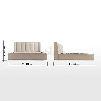 Beige upholstered platform bed frame (182 x 236 x 106 cm) - queen size with mattress