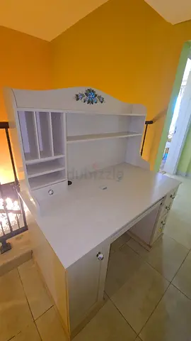 White wooden study desk with hutch and drawers