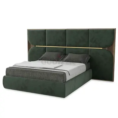 Queen Size green upholstered bed with large padded headboard