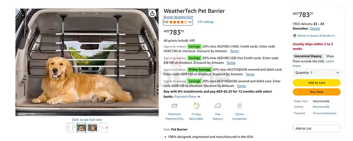 WeatherTech Pet Barrier (for car/SUV) — new