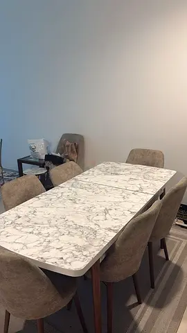 Marble-effect dining table with 6 upholstered chairs